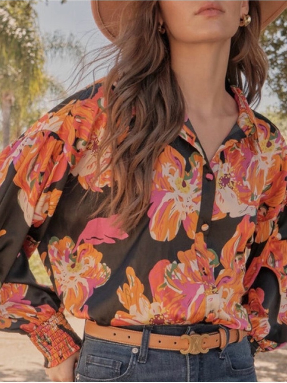 JODIFL Black Button-Down Shirt with Orange Pink Floral Print ptp 24 length 28